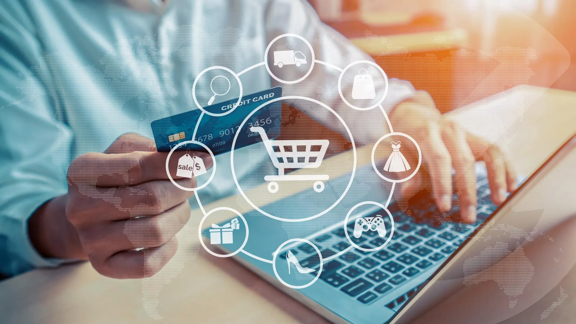 Persona realizando compras en línea con una tarjeta de crédito e iconos digitales de diversos productos