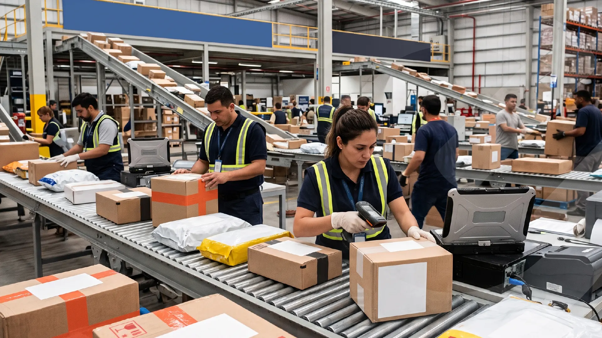 Trabajadores de logística procesando y escaneando paquetes en cintas transportadoras dentro de un almacén
