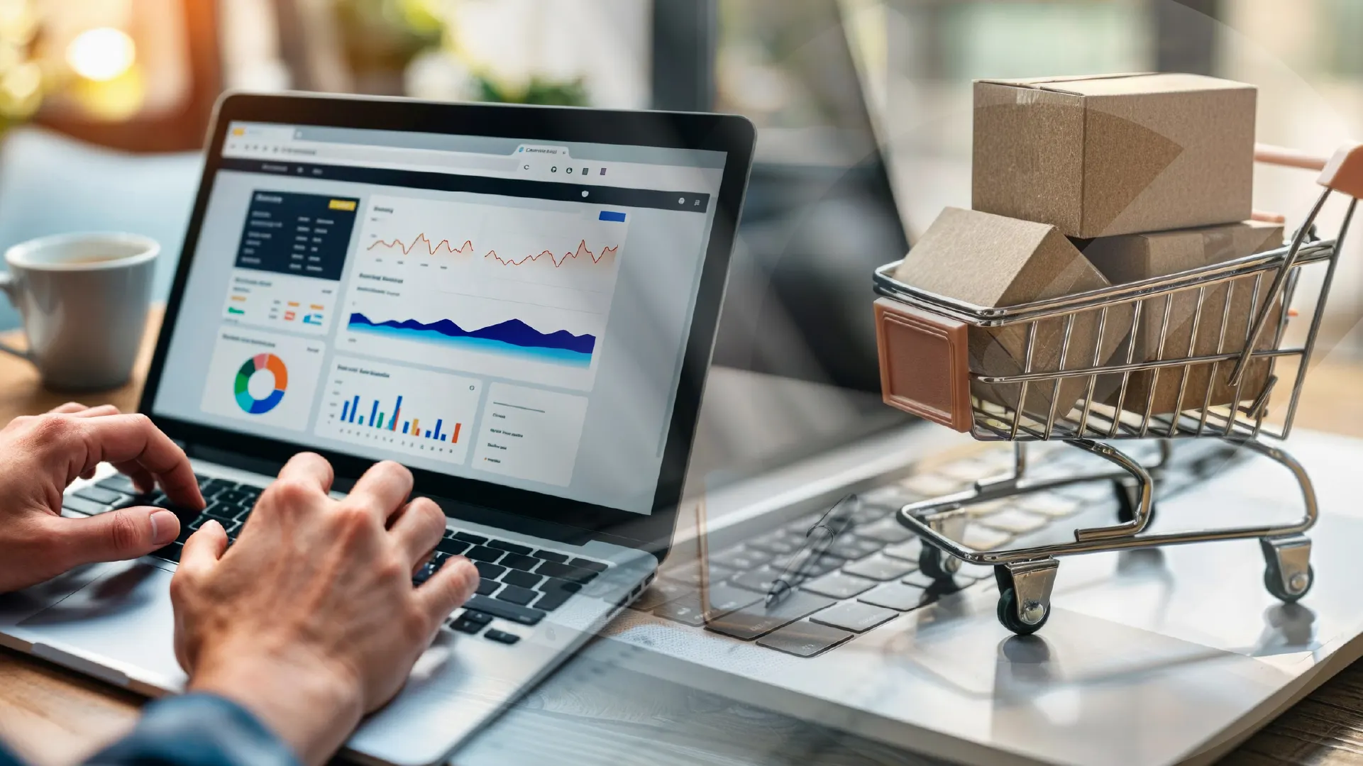 Persona analizando datos de ventas en un portátil junto a un carrito de la compra con cajas