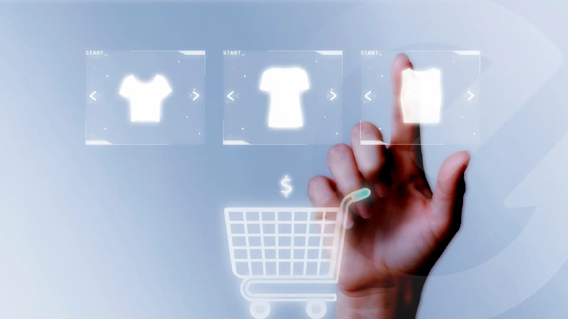 Mano interactuando con una interfaz digital de compra de ropa y un icono de carrito de supermercado